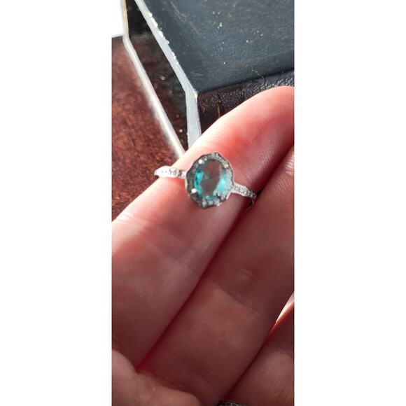 Stunning Rhodium-Plated Size 9 Ring with Aqua Blue Gemstone and Halo Accents - Picture 5 of 11
